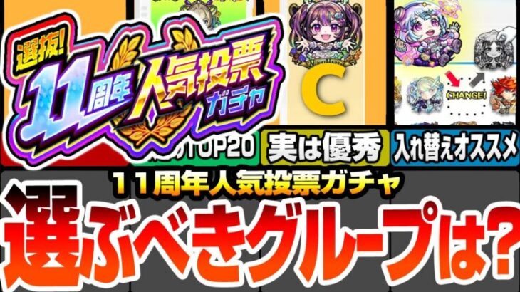 【モンスト】どのグループを選ぶべき？『11周年 人気投票ガチャ』安定のTOP20組は環境最強ばかり！Cグループも実は優秀！入れ替えオススメキャラはこいつら！【モンフリ】【へっぽこストライカー】